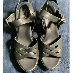 Kork-Ease Black Leather Ester Studded Block Heel Sandals Women's Size 10